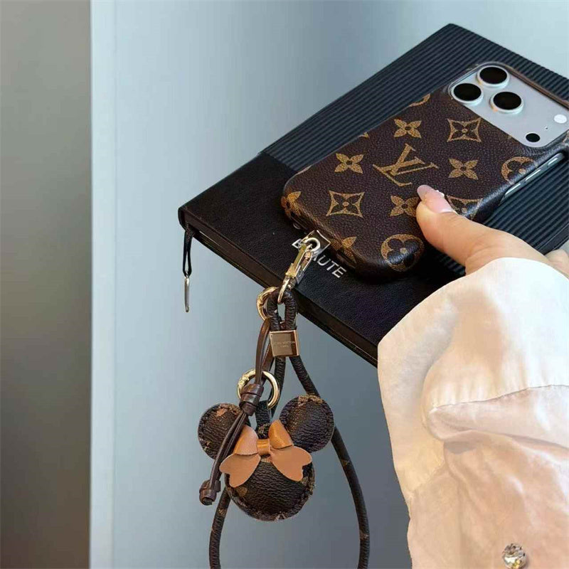 Luxury Monogram Case with Bow Charm & Wrist Lanyard for iPhone 12-18 Pro & Pro Max