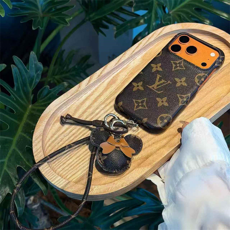 Luxury Monogram Case with Bow Charm & Wrist Lanyard for iPhone 12-18 Pro & Pro Max