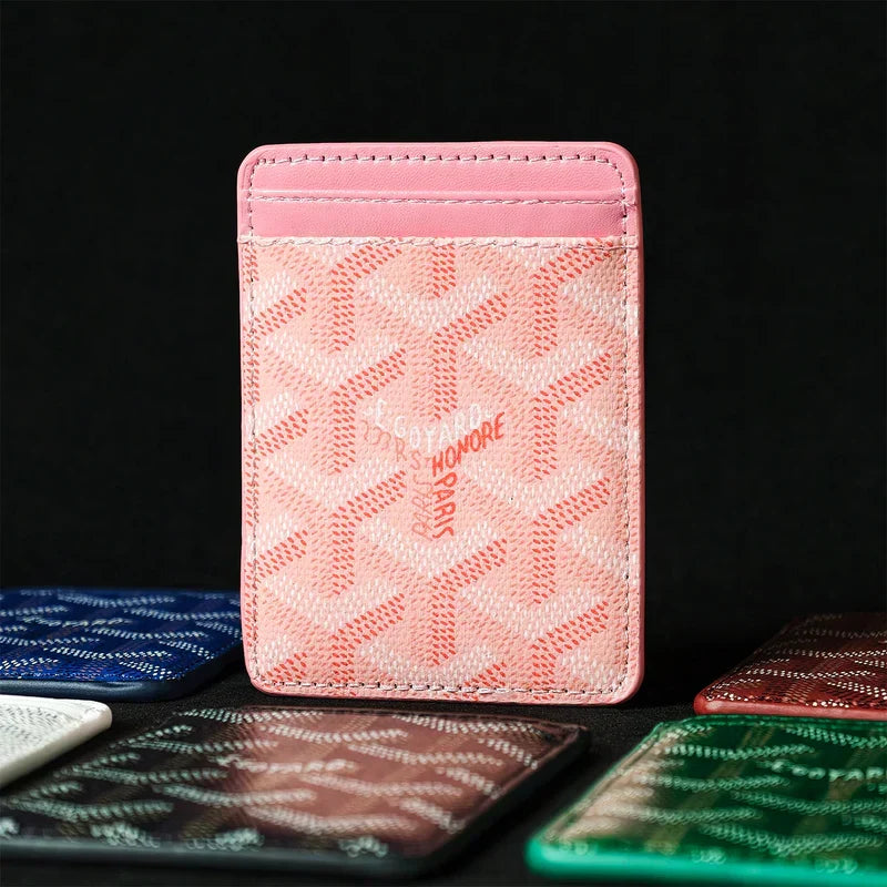 Premium Rose Pink magnetic MagSafe card holder with a luxurious geometric pattern