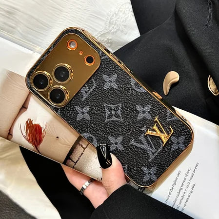 Elite Monogram Leather Case with Gold Accents for iPhone 13–18 Pro Max
