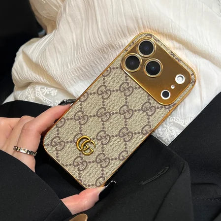 Elite Monogram Leather Case with Gold Accents for iPhone 13–18 Pro Max