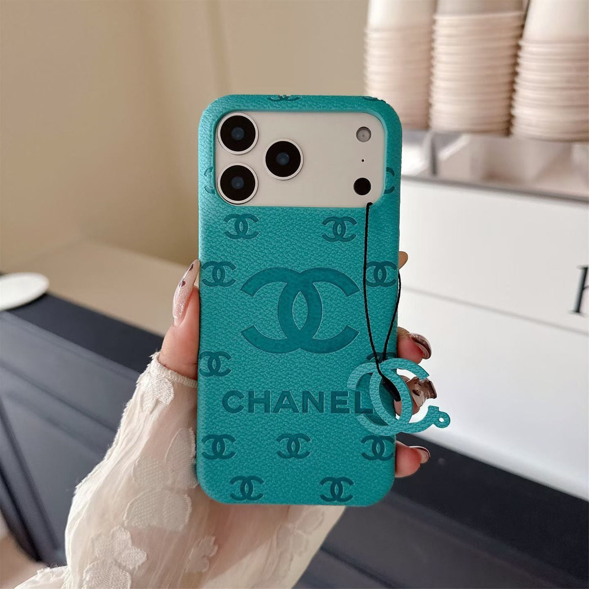 CC Monogram Stamped Leather Case with CC Ring Charm for iPhone 12-18 Pro & Pro Max