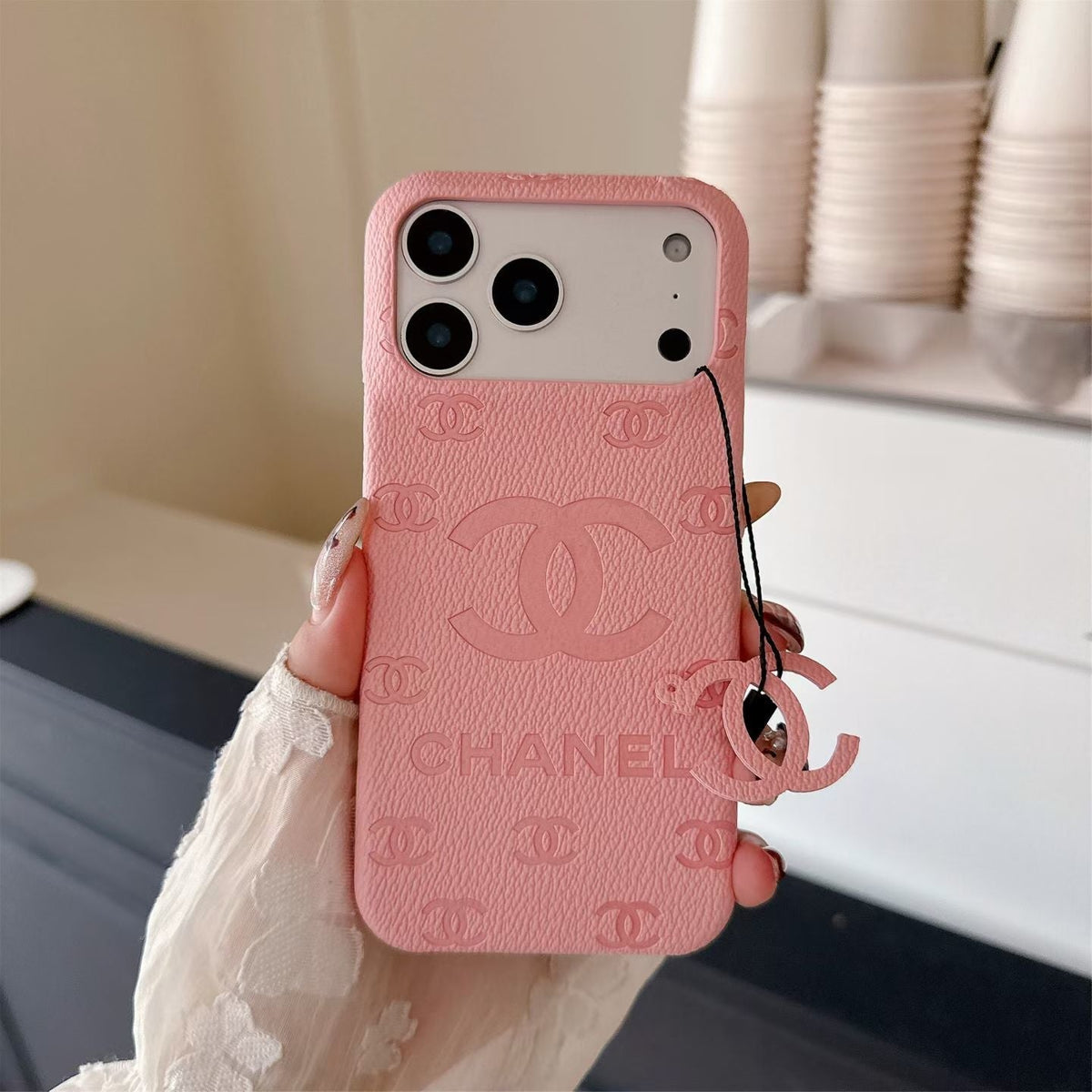 CC Monogram Stamped Leather Case with CC Ring Charm for iPhone 12-18 Pro & Pro Max
