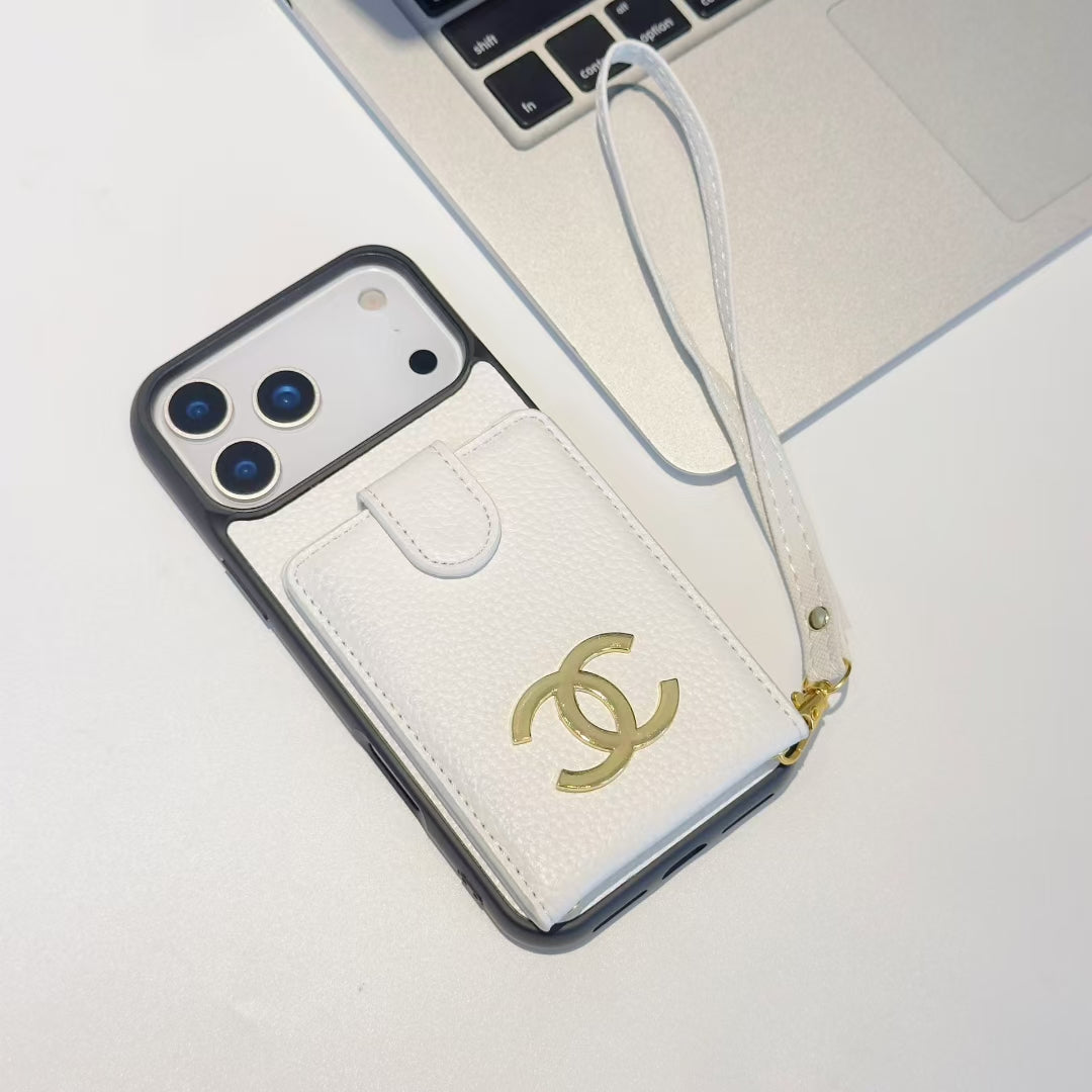 Premium Chanel Leather Phone Case with Strap for iPhone 13-18 Pro & Pro Max