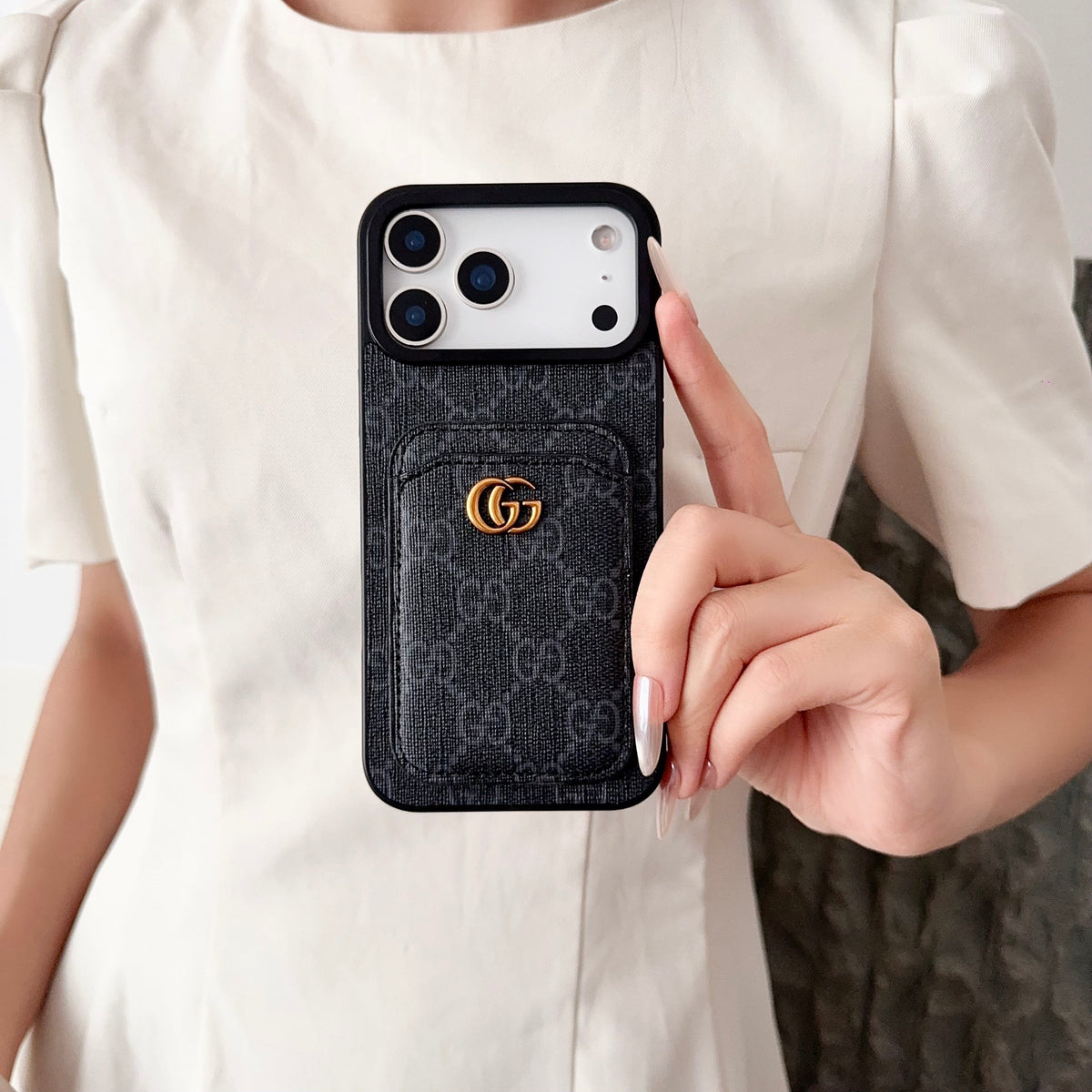 GG Supreme Canvas Card Holder Leather Case for iPhone 12-18 Pro & Pro Max