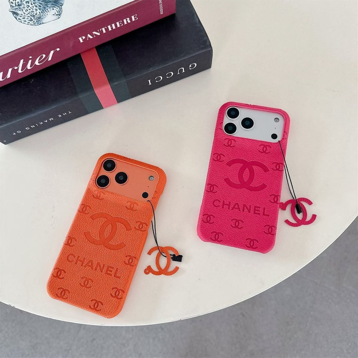 CC Monogram Stamped Leather Case with CC Ring Charm for iPhone 12-18 Pro & Pro Max
