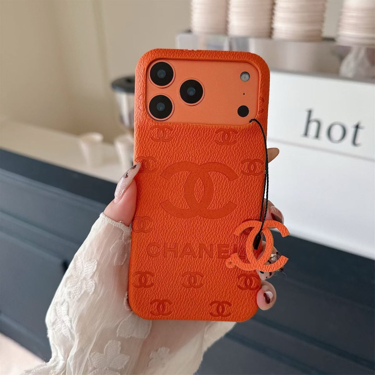 CC Monogram Stamped Leather Case with CC Ring Charm for iPhone 12-18 Pro & Pro Max