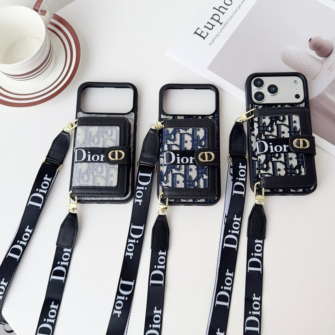Dior Leather Phone Case with Card Wallet and Strap for iPhone 12-18 Pro & Pro Max