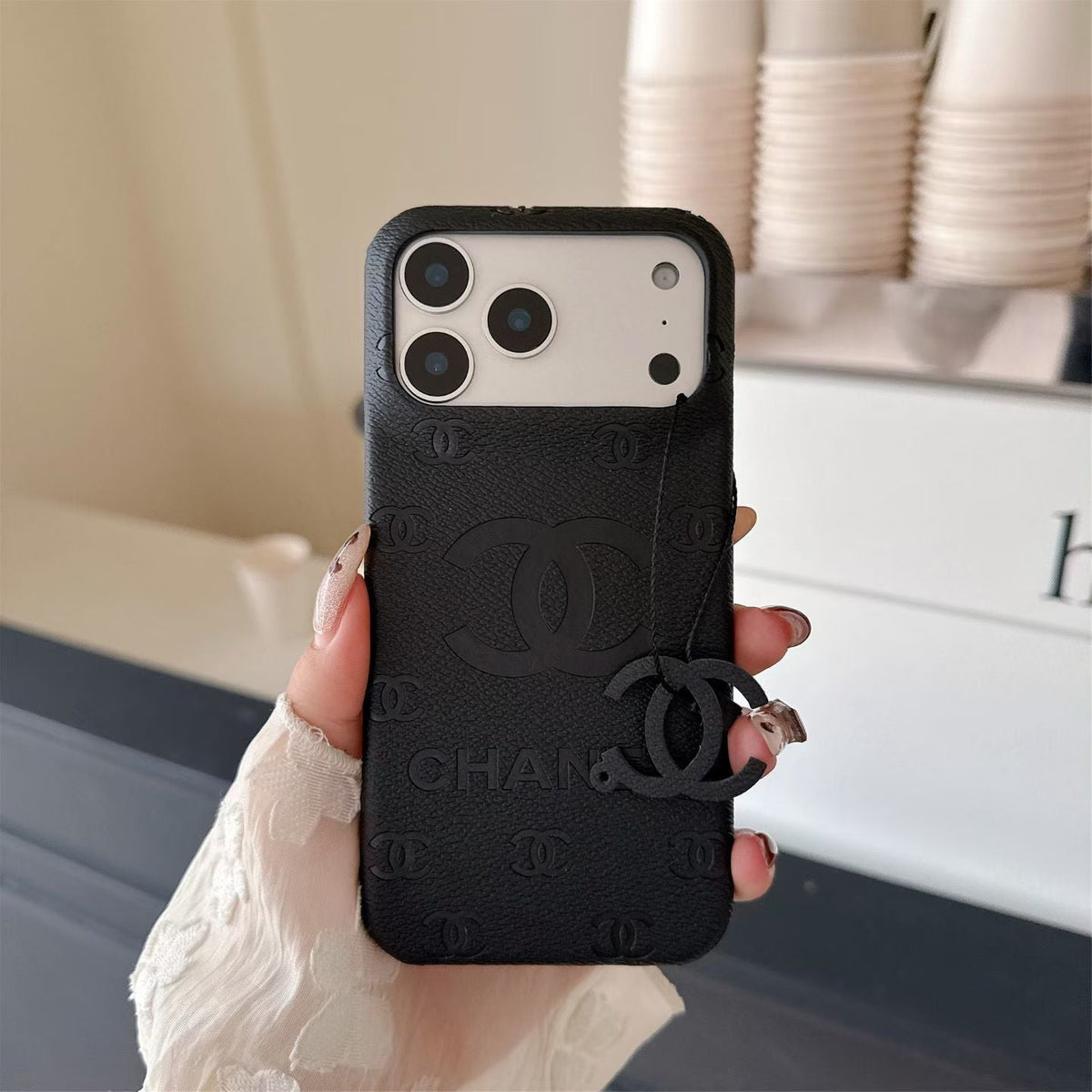 CC Monogram Stamped Leather Case with CC Ring Charm for iPhone 12-18 Pro & Pro Max