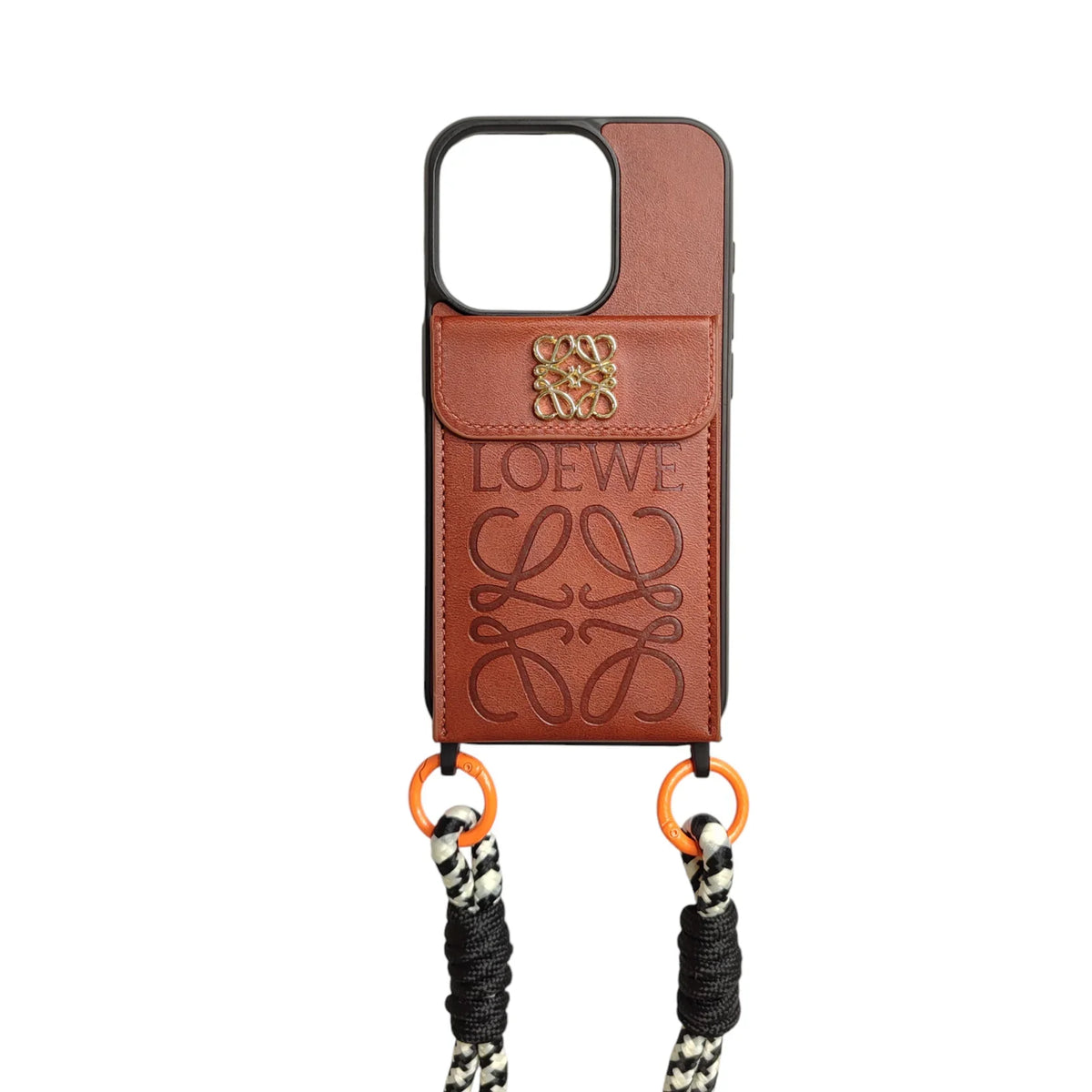 Loewe Embossed Leather Wallet Case with Crossbody Lanyard Strap for iPhone 12-18 Pro & Pro Max