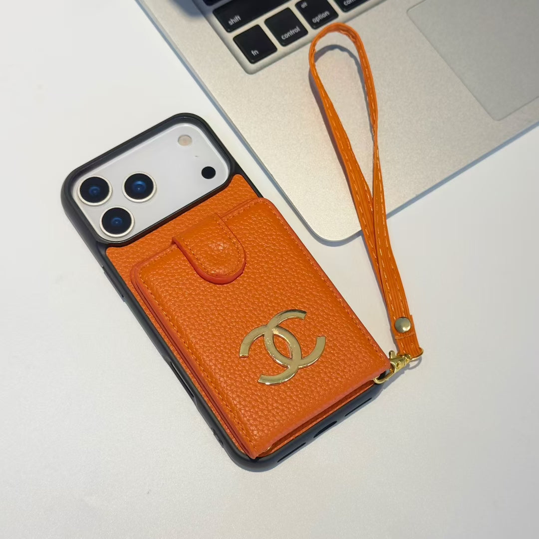 Premium Chanel Leather Phone Case with Strap for iPhone 13-18 Pro & Pro Max
