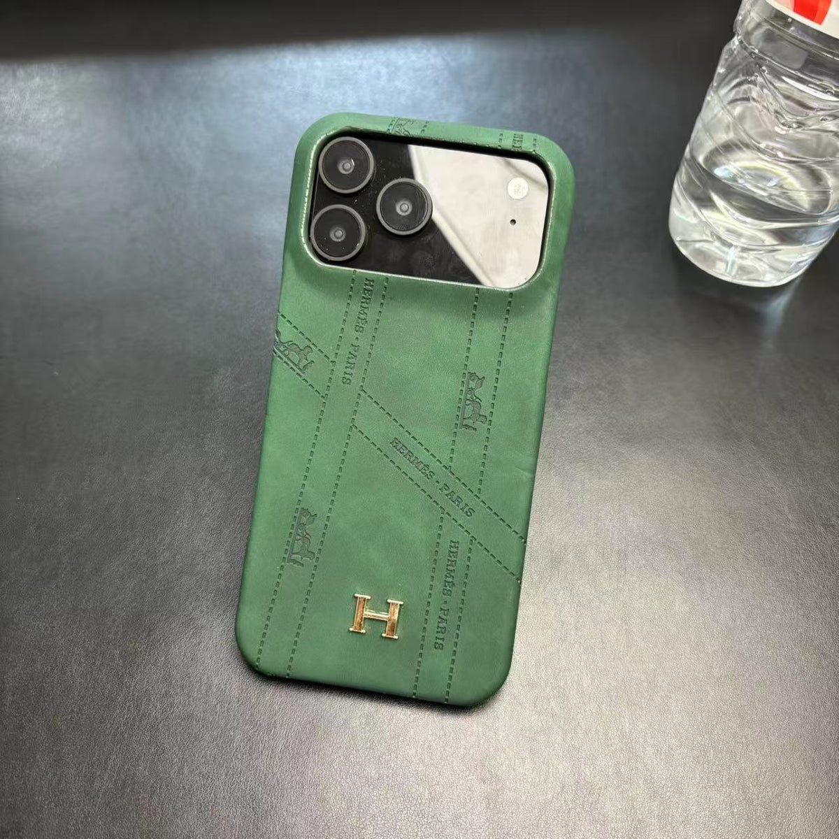 HRM Slim Leather Phone Case with Metal H Emblem for iPhone 12-18 Pro & Pro Max