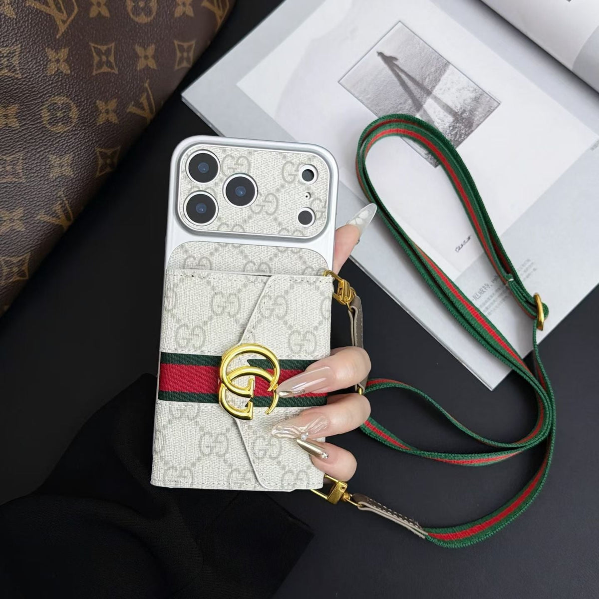 GG Luxury Supreme Monogram Wallet Case for iPhone 13-18 Pro & Pro Max