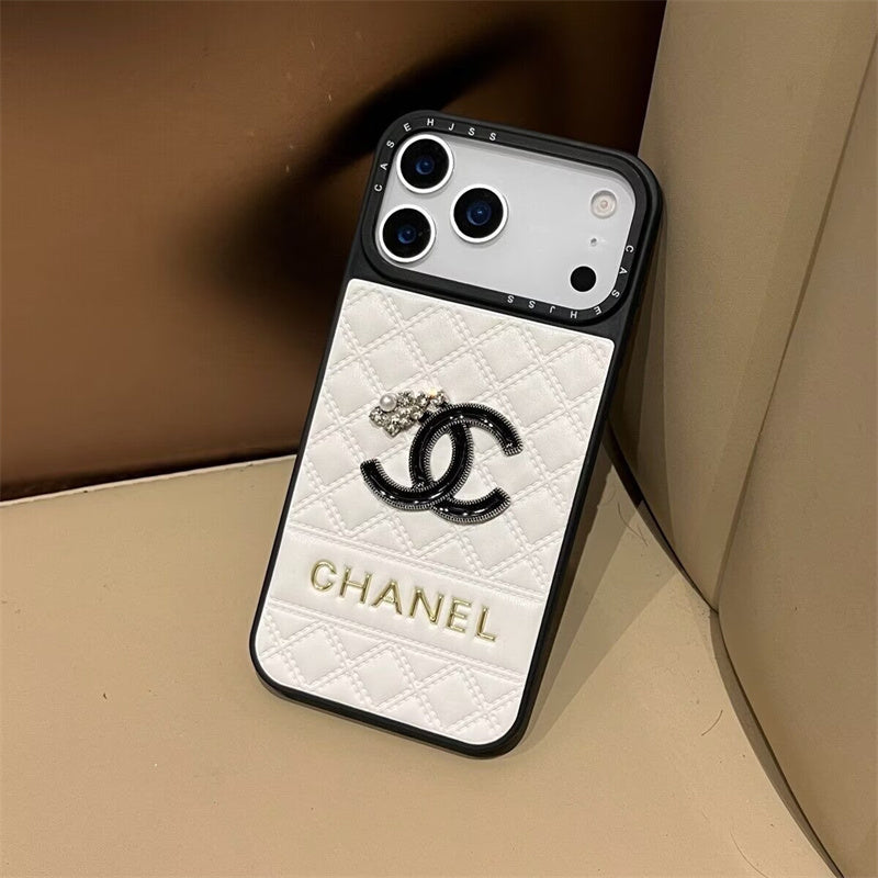 Chanel Leather Case with Contrast Border for iPhone 13-18 Pro & Pro Max