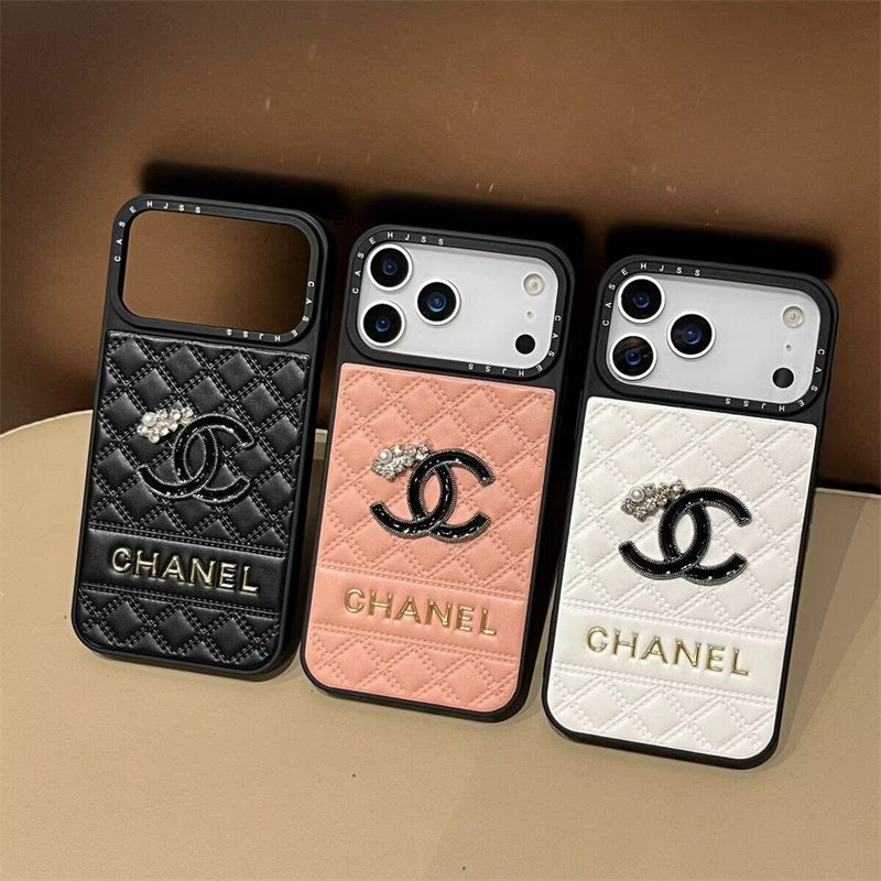 Chanel Leather Case with Contrast Border for iPhone 13-18 Pro & Pro Max