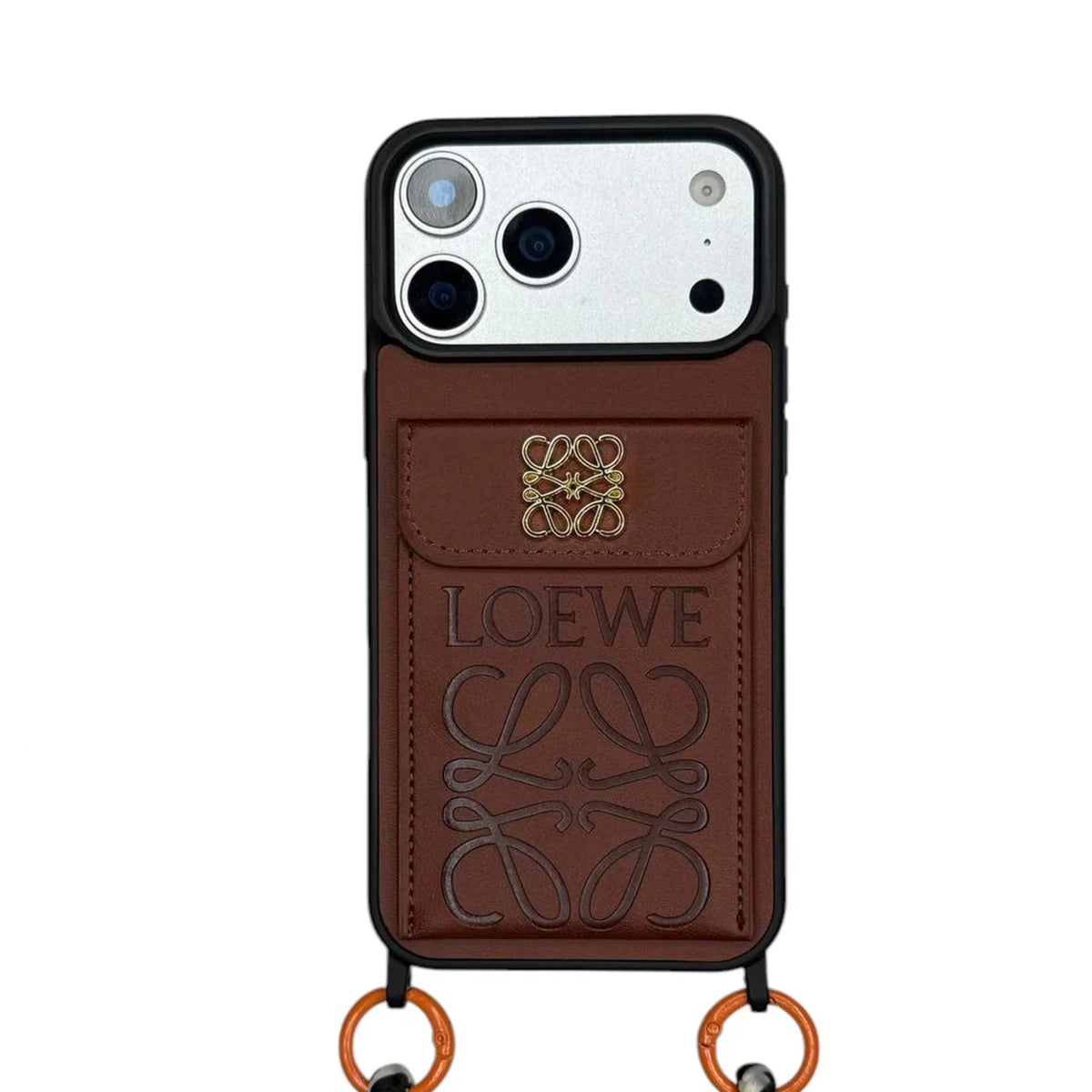 Loewe Embossed Leather Wallet Case with Crossbody Lanyard Strap for iPhone 12-18 Pro & Pro Max