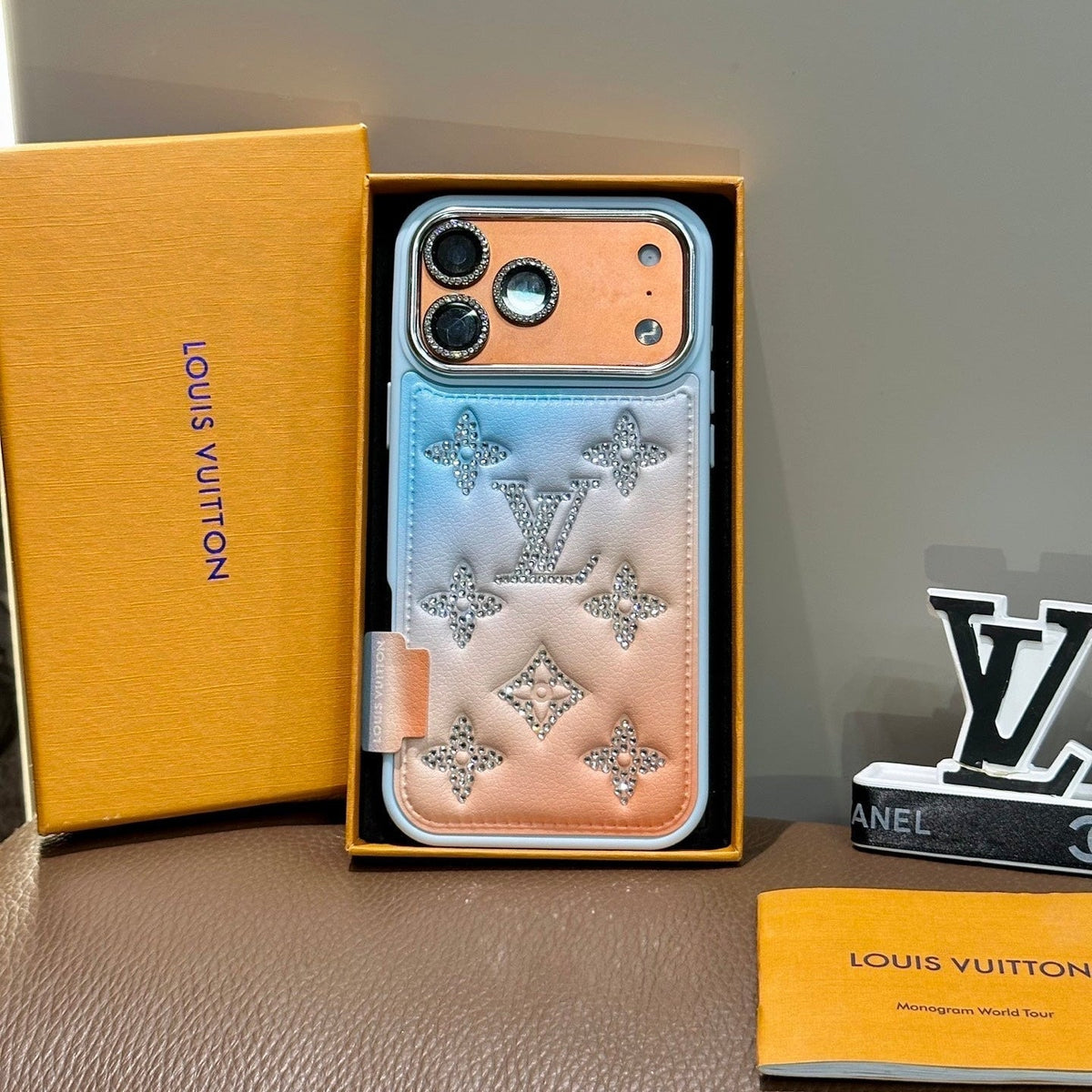 Gradient Crystal Monogram Leather Phone Case for iPhone 13-18 Pro & Pro Max