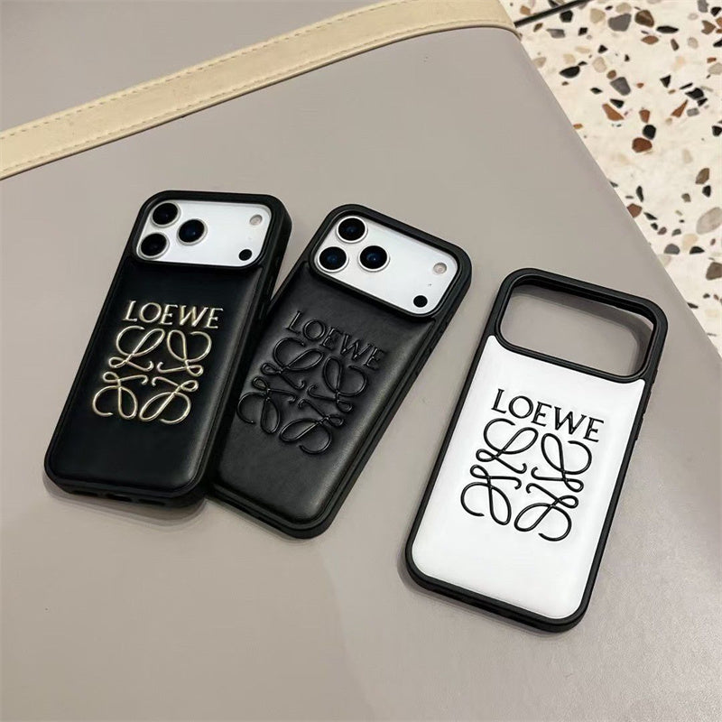 Luxury Loewe-Inspired Leather iPhone Case with Embossed Anagram Logo for iPhone 13-18 Pro & Pro Max