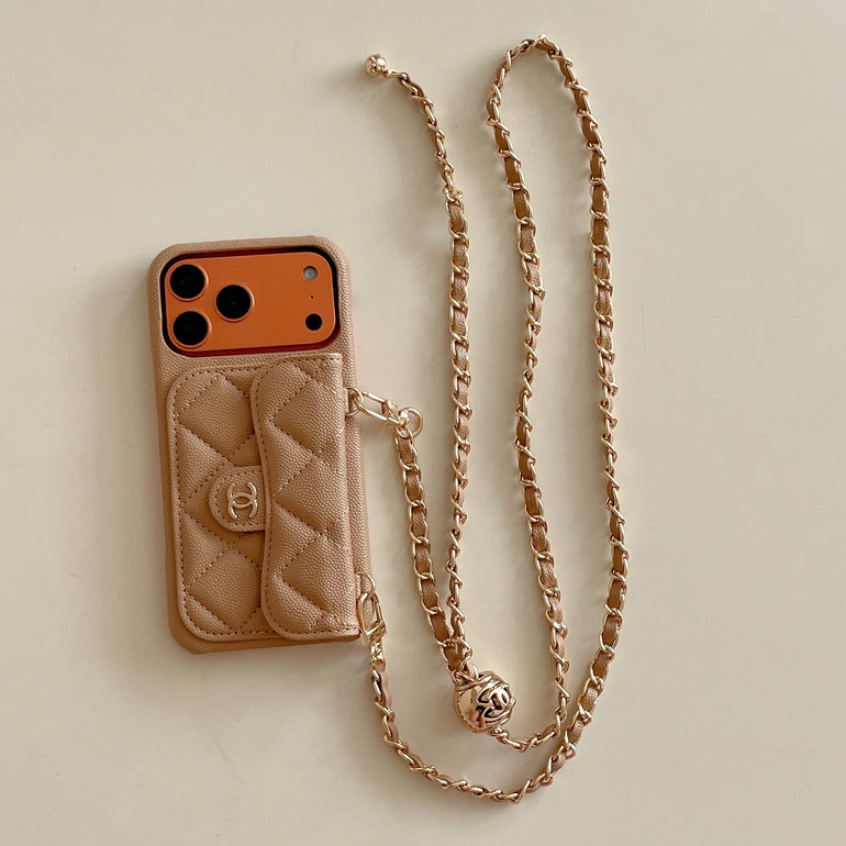 CHN Quilted Caviar Leather Case with Flap Pocket for iPhone 12-18 Pro & Pro Max