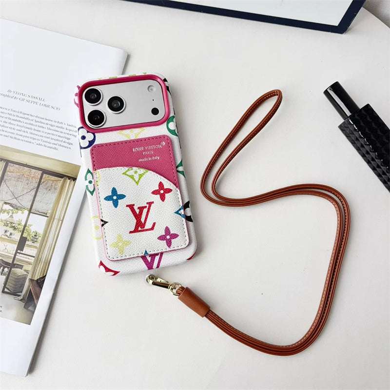 Luxury Monogram Cardholder Phone Case with Lanyard Strap For iPhone 13-18 Pro & Pro Max
