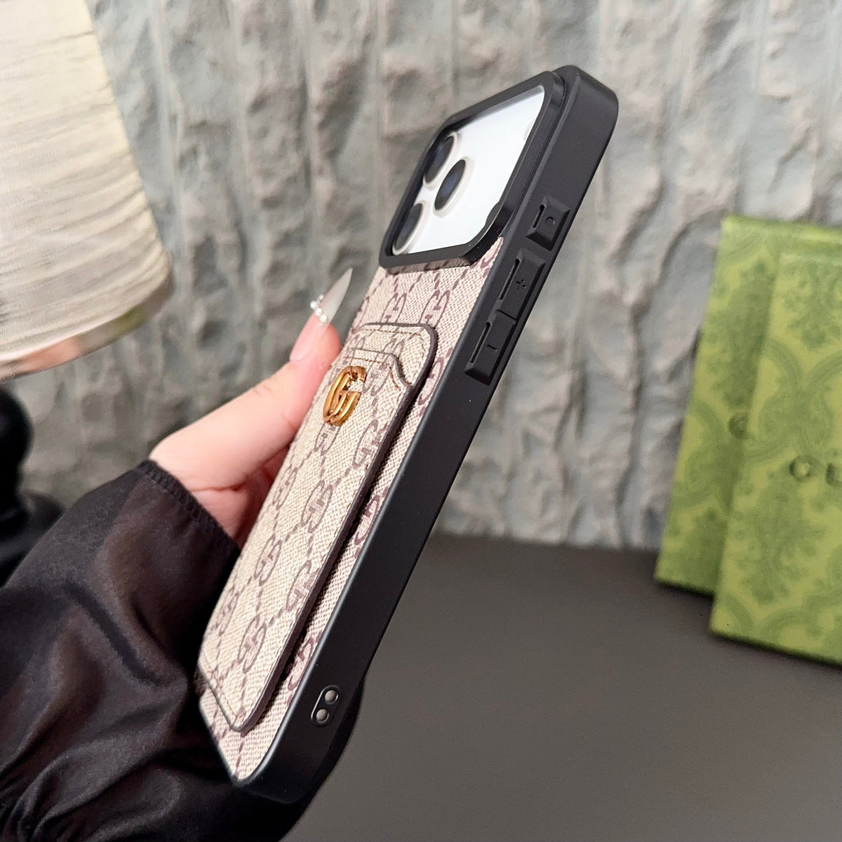 GG Supreme Canvas Card Holder Leather Case for iPhone 12-18 Pro & Pro Max