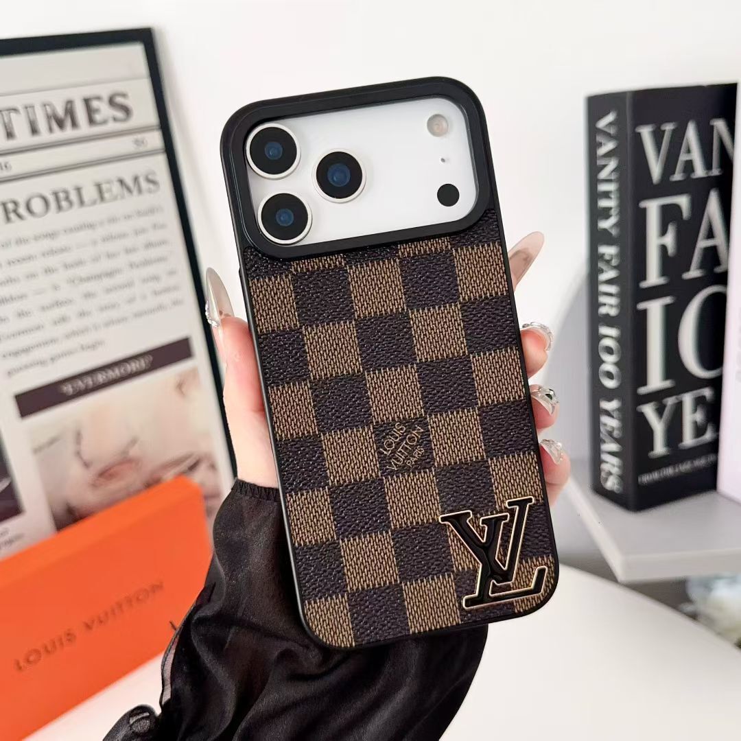 Luxury LV Leathe with Black Logo Phone Case for iPhone 12-18 Pro & Pro Max