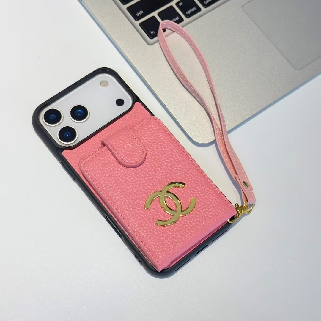 Premium Chanel Leather Phone Case with Strap for iPhone 13-18 Pro & Pro Max