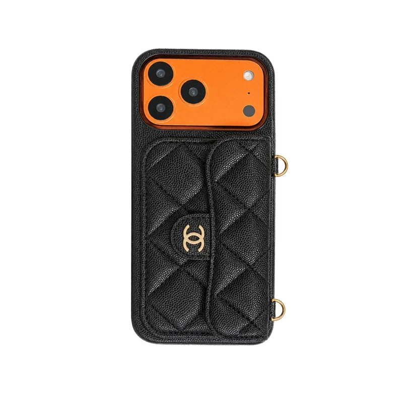 CHN Quilted Caviar Leather Case with Flap Pocket for iPhone 12-18 Pro & Pro Max