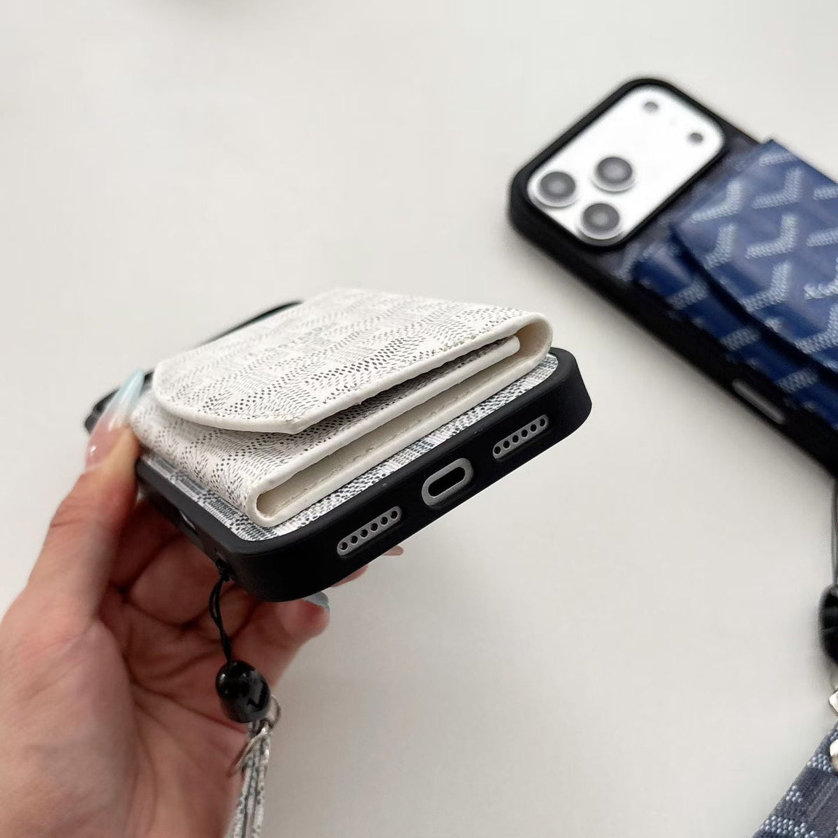 Luxury GYD Pattern Tri-Fold Wallet Phone Case with Matching Wristlet Strap for iPhone12-18 Pro & Pro Max