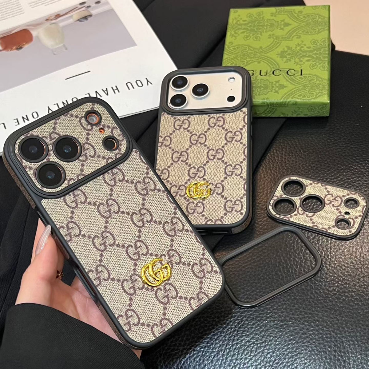 GG Leather Case with Interchangeable Lens Frame for iPhone 13-18 Pro & Pro Max