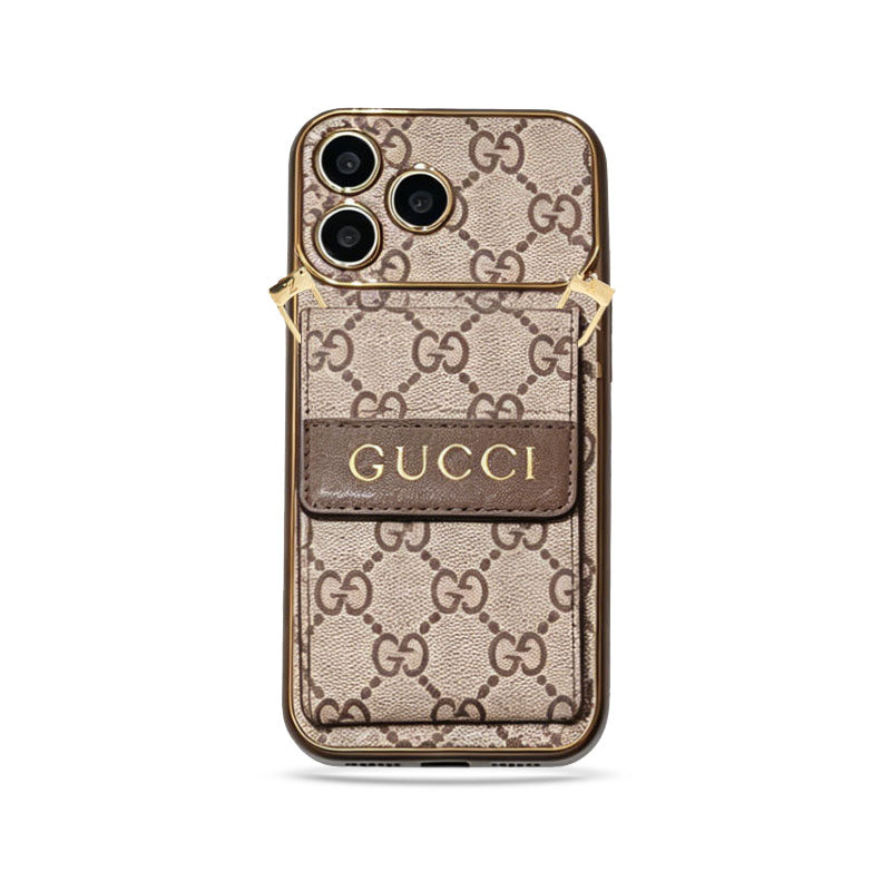 Premium GG Leather Card Holder Case with Strap for iPhone 12-18 Pro & Pro Max