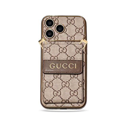 Premium GG Leather Card Holder Case with Strap for iPhone 12-18 Pro & Pro Max
