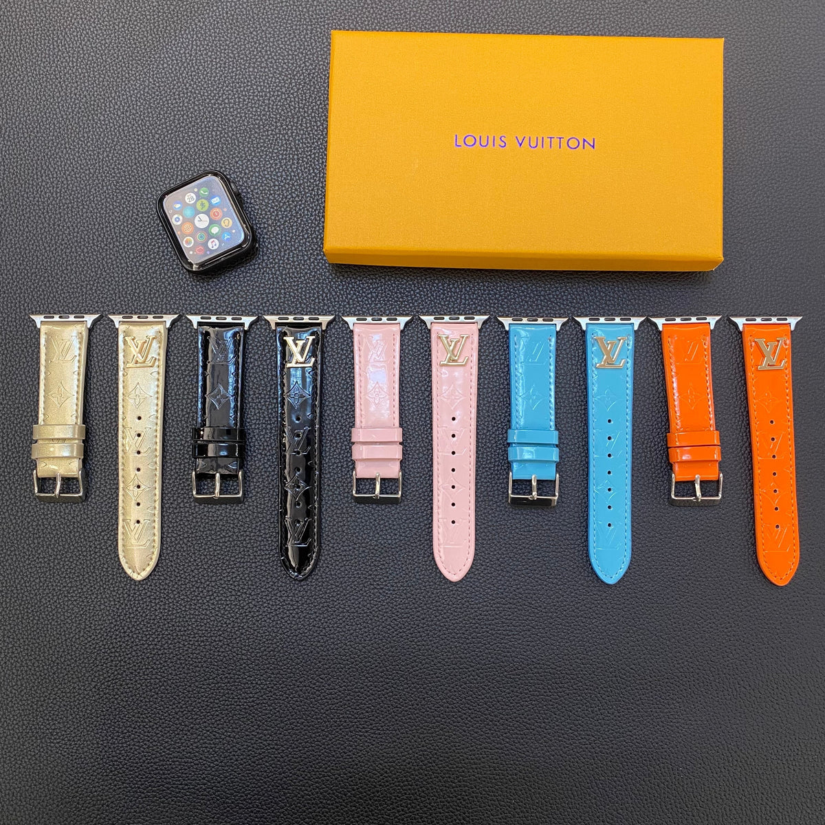 GLOSSY LEATHER APPLE WATCH STRAP LUXURY METAL LOGO Roxy New 2
