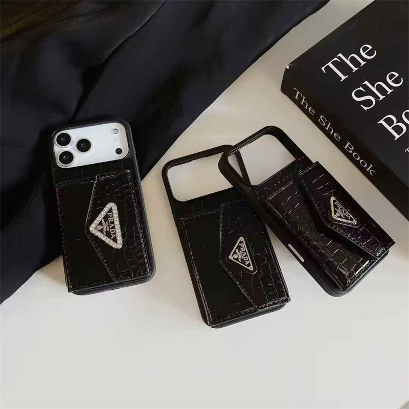 Elegant Prada Apple Phone Case with Card Holder For iPhone 12-18 Pro & Pro Max