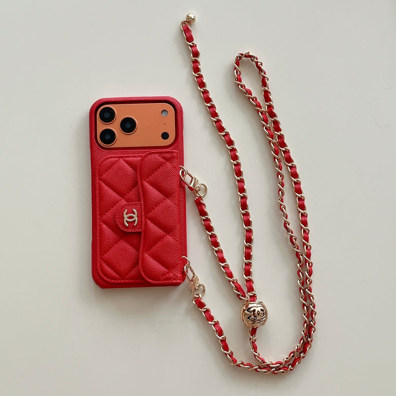 CHN Quilted Caviar Leather Case with Flap Pocket for iPhone 12-18 Pro & Pro Max