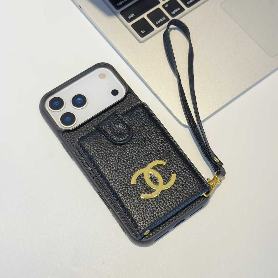 Premium Chanel Leather Phone Case with Strap for iPhone 13-18 Pro & Pro Max