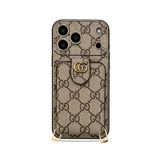 Classic GG Leather Card Wallet Case with Strap for iPhone 12-18 Pro & Pro Max