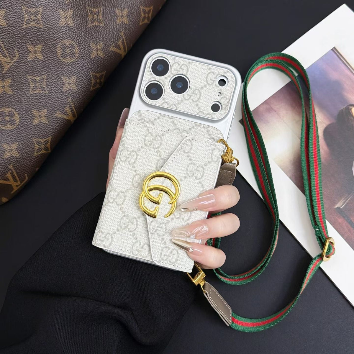 GG Luxury Supreme Monogram Wallet Case for iPhone 13-18 Pro & Pro Max