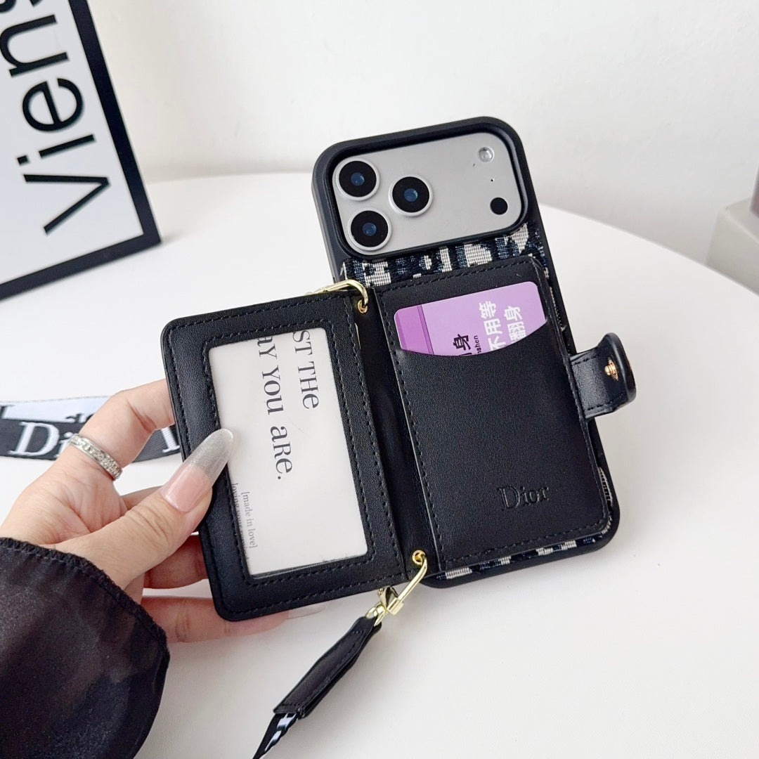 Dior Leather Phone Case with Card Wallet and Strap for iPhone 12-18 Pro & Pro Max