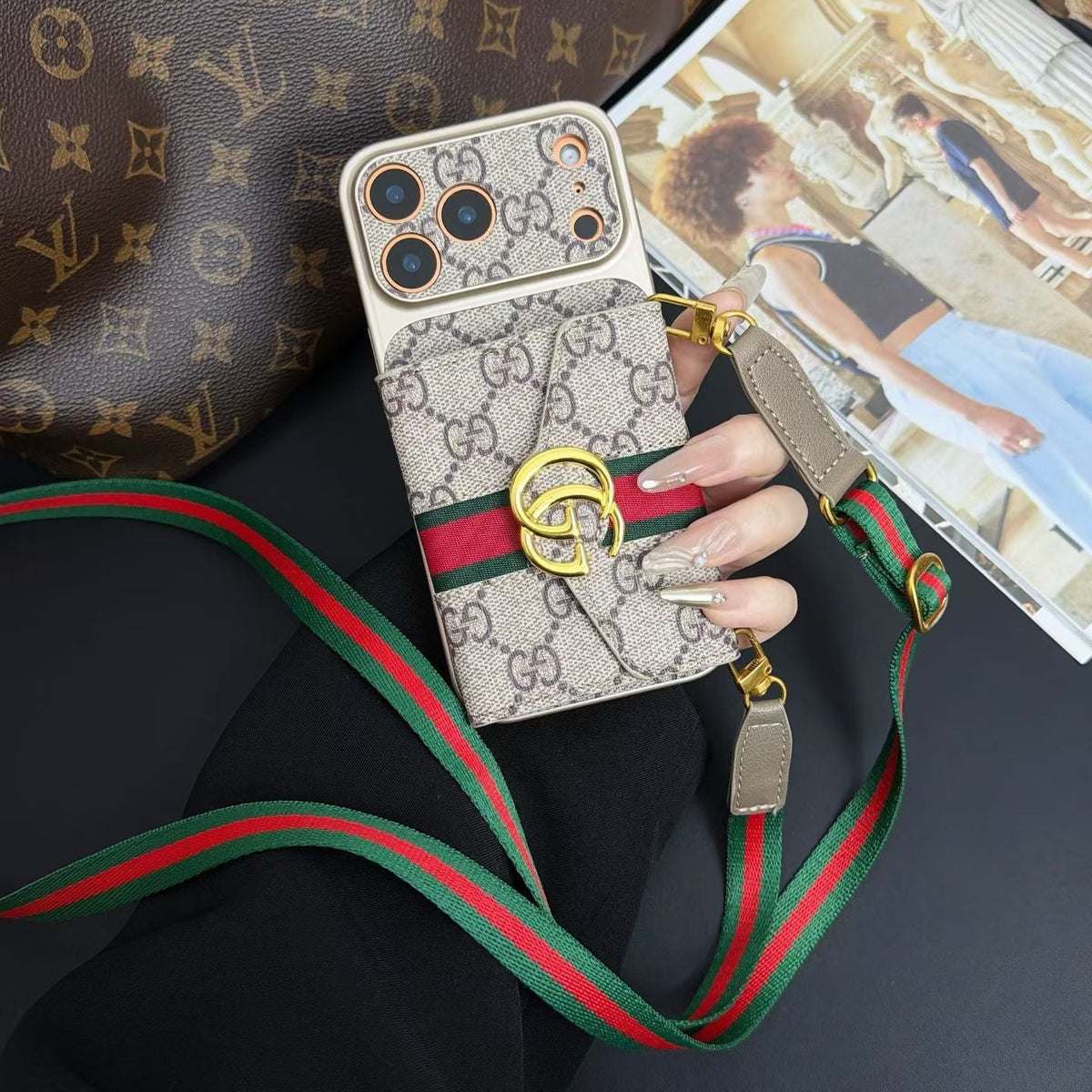 GG Luxury Supreme Monogram Wallet Case for iPhone 13-18 Pro & Pro Max