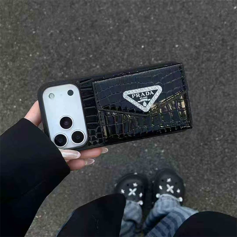 Elegant Prada Apple Phone Case with Card Holder For iPhone 12-18 Pro & Pro Max