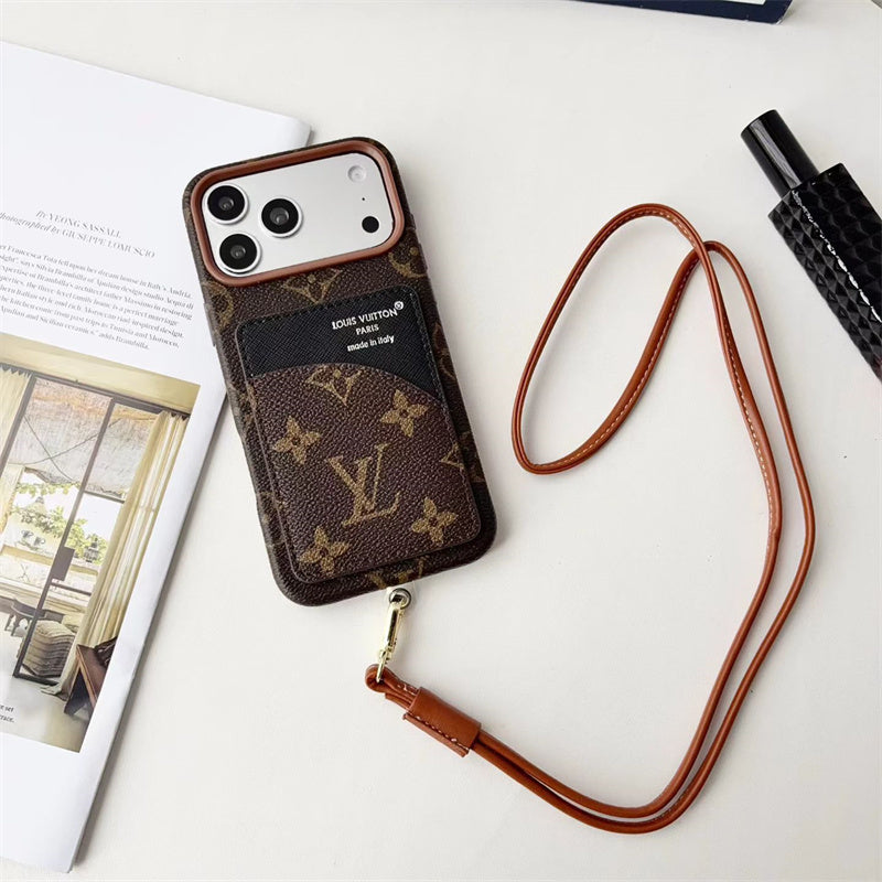 Luxury Monogram Cardholder Phone Case with Lanyard Strap For iPhone 13-18 Pro & Pro Max