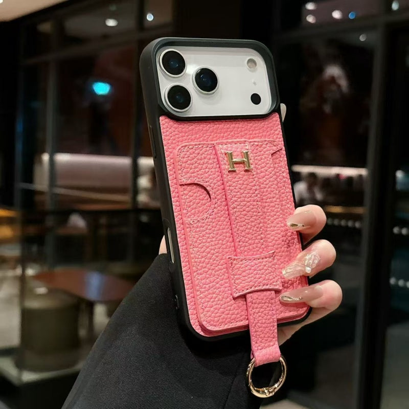 HRM Pebbled Leather Case with Pull-Tab Strap & Ring for iPhone 12-18 Pro & Pro Max