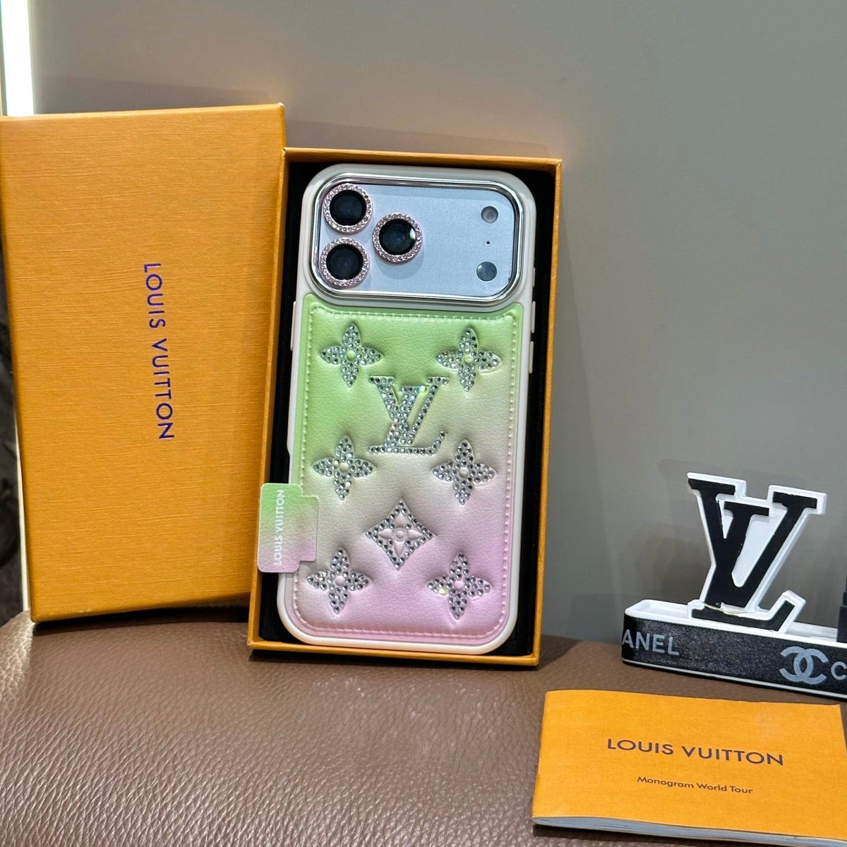 Gradient Crystal Monogram Leather Phone Case for iPhone 13-18 Pro & Pro Max