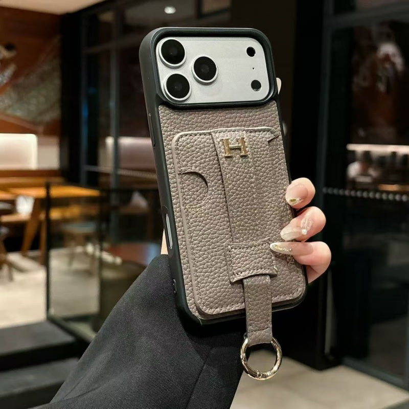 HRM Pebbled Leather Case with Pull-Tab Strap & Ring for iPhone 12-18 Pro & Pro Max