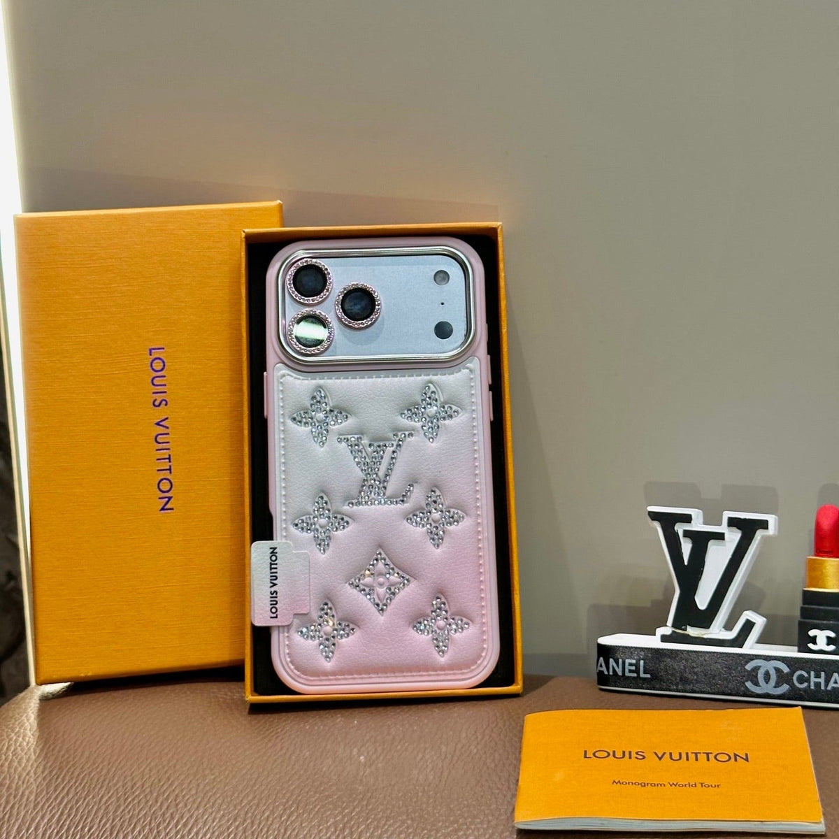 Gradient Crystal Monogram Leather Phone Case for iPhone 13-18 Pro & Pro Max