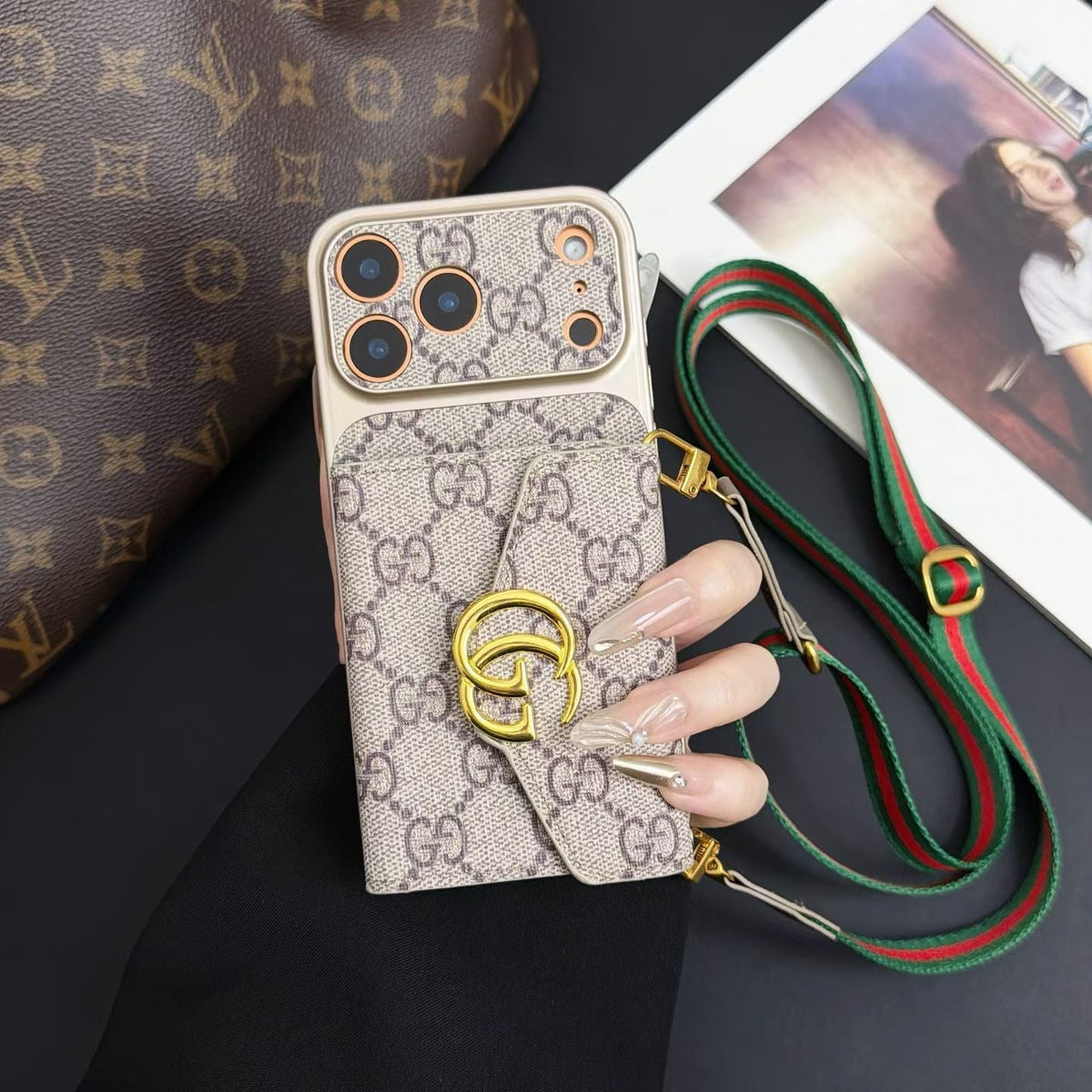 GG Luxury Supreme Monogram Wallet Case for iPhone 13-18 Pro & Pro Max