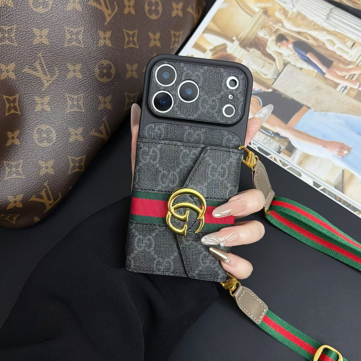 GG Luxury Supreme Monogram Wallet Case for iPhone 13-18 Pro & Pro Max