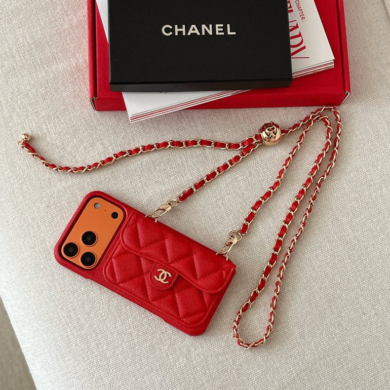CHN Quilted Caviar Leather Case with Flap Pocket for iPhone 12-18 Pro & Pro Max