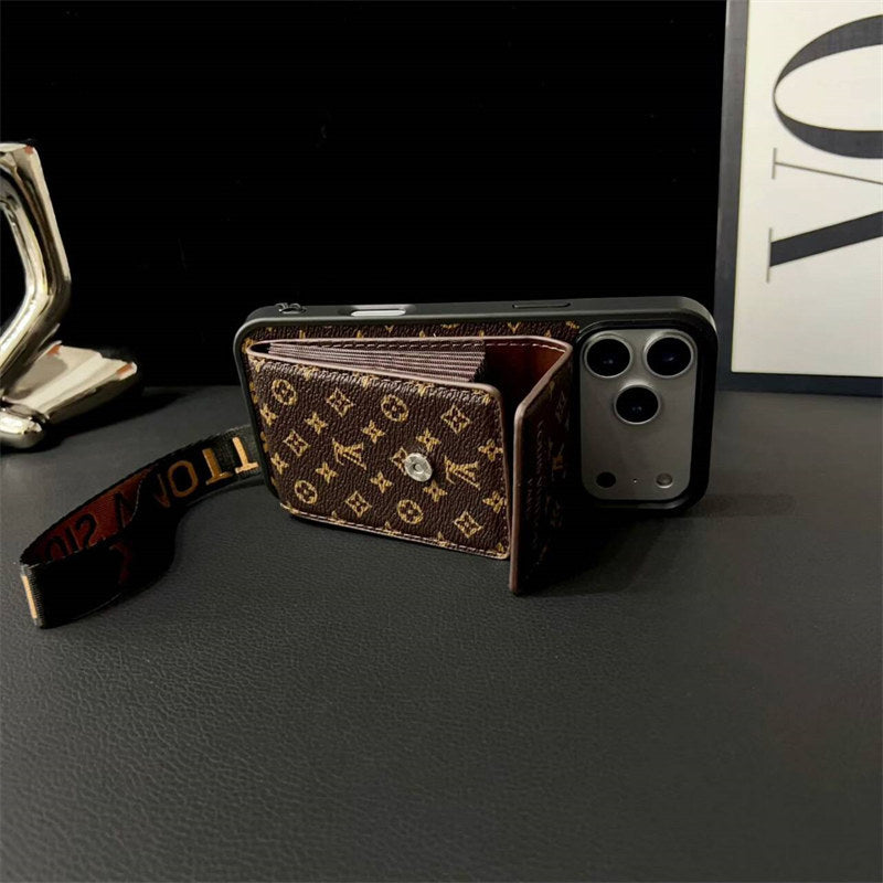 Back view of luxury canvas leather phone cover with crossbody chain